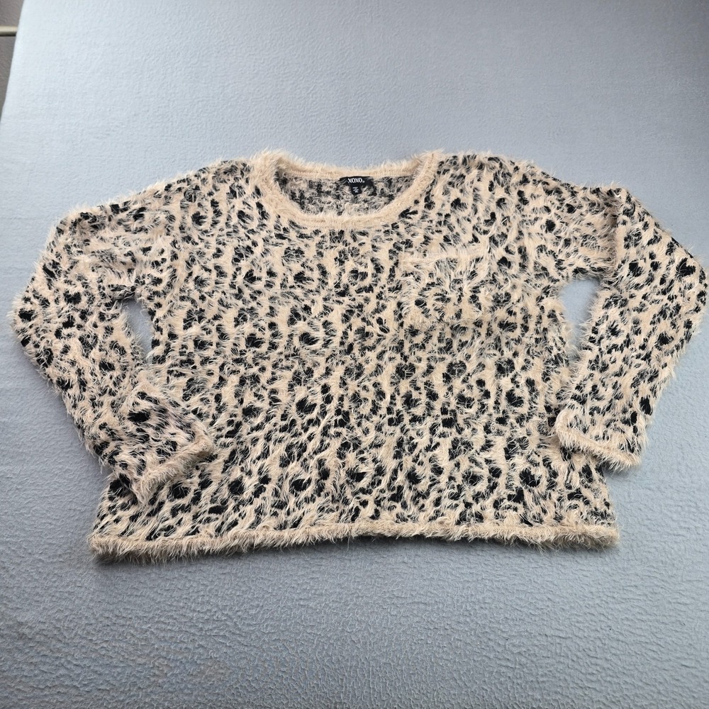 XOXO Sweater Womens Extra Large Multicolor Leopard Nylon Faux Fur Cozy Crew Neck